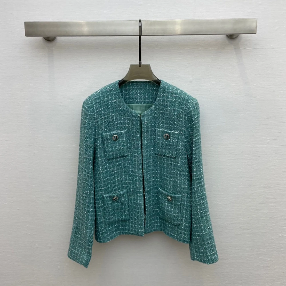 Autumn Women High Quality Chic Plaid Tweed Jackets Elegant Pockets Coat C255