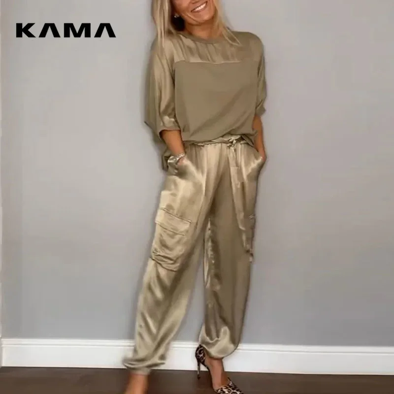 Summer Casual Satin Comfortable Suit Women O Neck Half Sleeved Top and Pants Outfit 2024 Street Loose Multi Color Two Piece Set