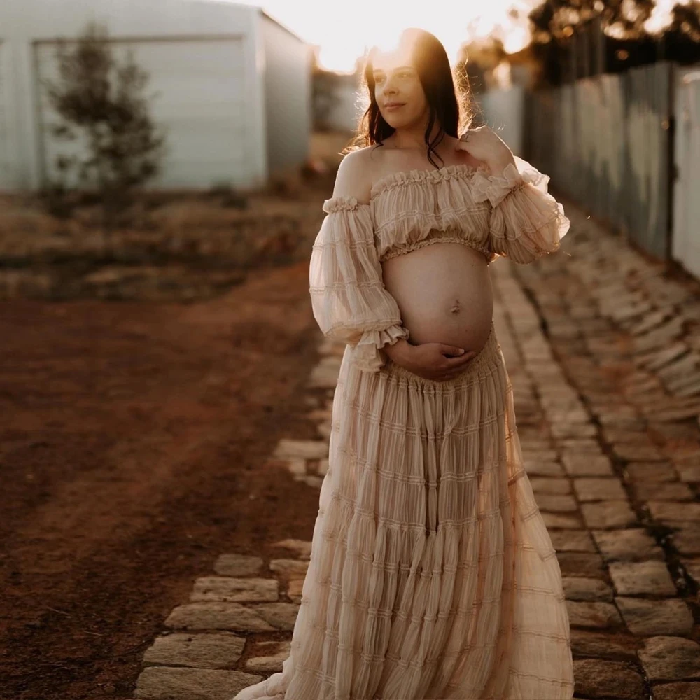 2 in 1 Pleat Maternity Photography Props Outfit Bandeau Lantern Pregnancy Dress For Photo Shoot