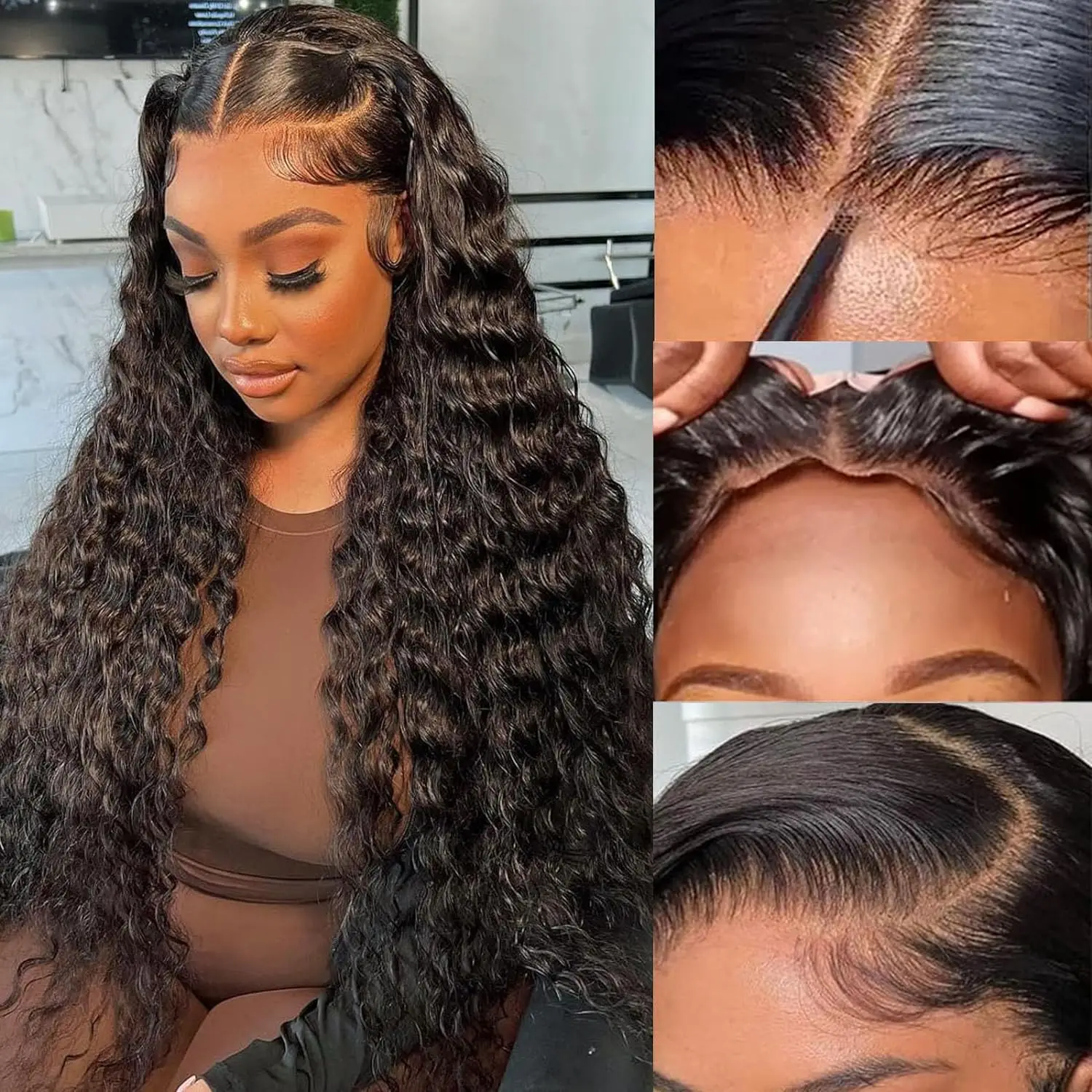 Deep Wave Wear And Go 4x4 Lace Closure Human Hair Wig Glueless 180 Density Brazilian Hair Curly Wave Lace Front Wig For Women