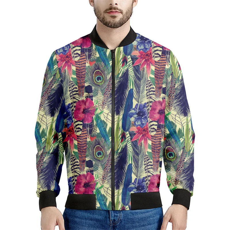 thumbnail image 1 of Chaquetas con estampado de plumas bohemias para hombre, sudadera de manga larga con estampado 3D retro, chaqueta bomber de calle de gran tamaño con cremallera, 1 of 4