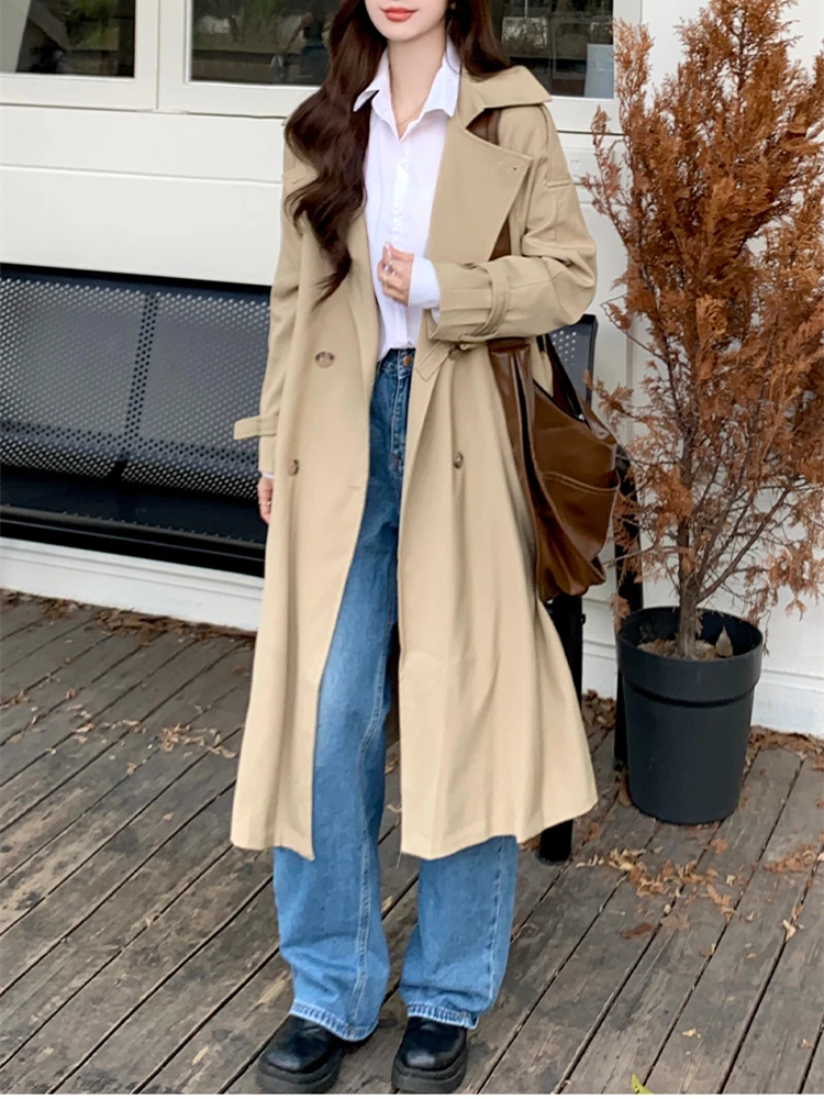 

Women's Long Sleeved Suit Collar Trench Jacket Spring Autumn New British Style Female Double Breasted Mid Length Thin Coat