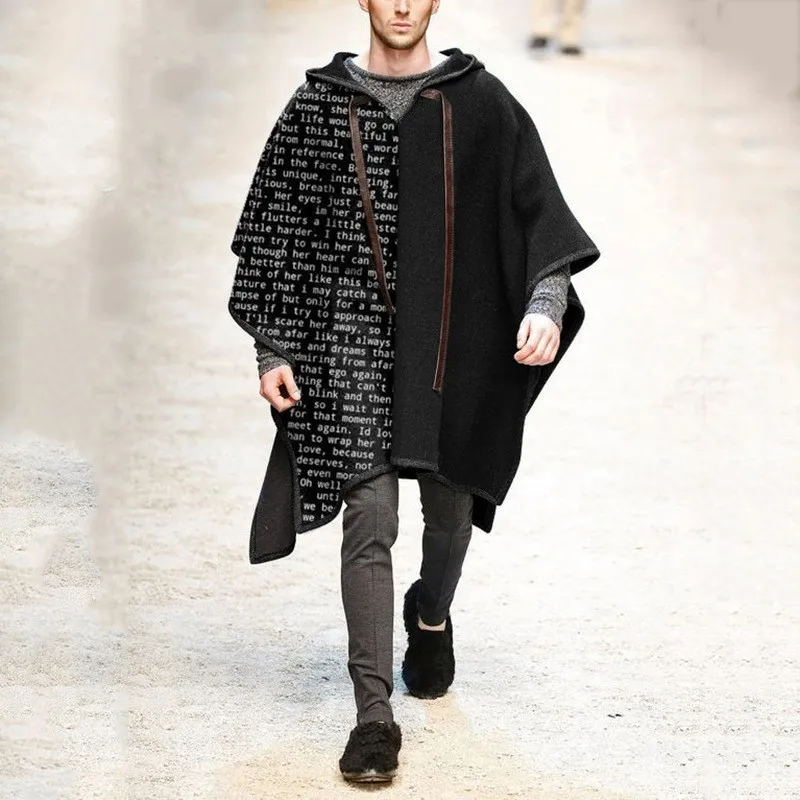 

Модная мужская накидка, шерстяные куртки с капюшоном, однотонная уличная одежда, осенне-зимнее пончо, Асимметричное пальто