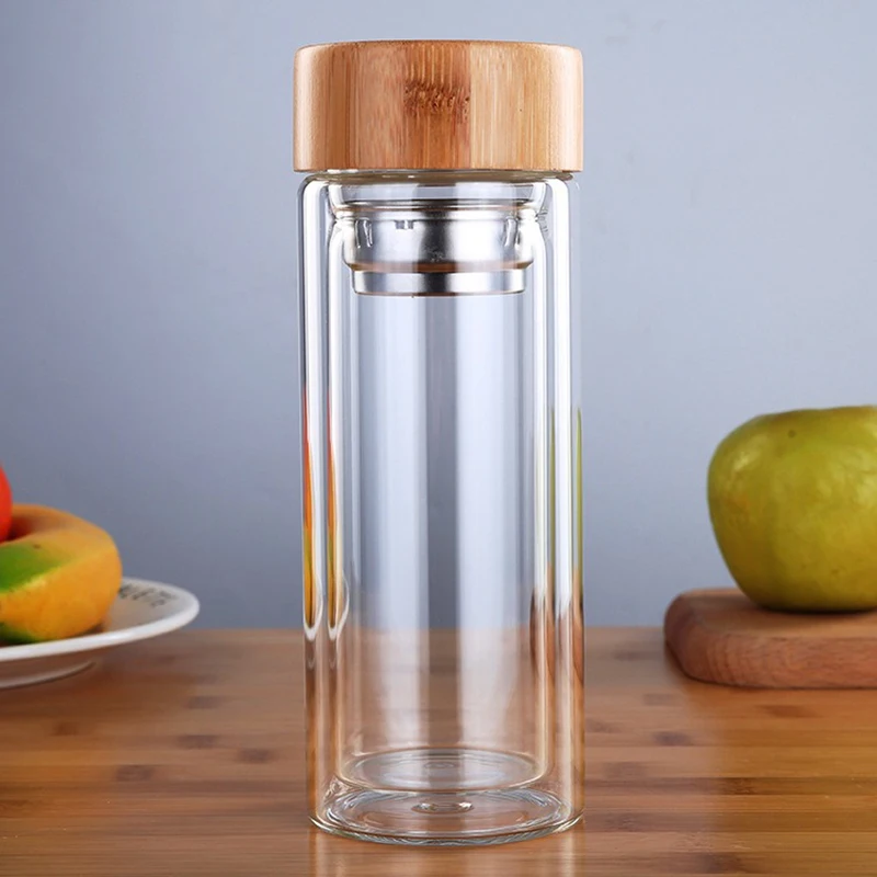 300/400/500ML Double Wall Glass Water Bottle Stainless Steel Filters Bamboo Lid Travel Home Drinkware Tea Infuser Office Tea Cup