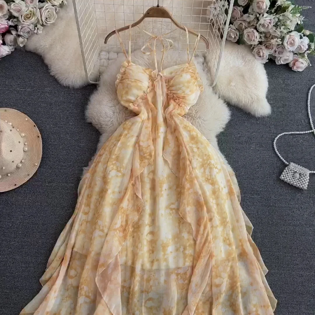 

Seaside Holiday Beach Hanging Neck Backless Waist A- Line Ruffled Floral Dress for Summer 2023 fashion women's Clothing