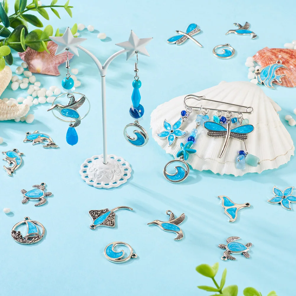 40Pcs Marine Creature Alloy Enamel Pendants Sea Turtle Dolphin Whale Tail Fish Charms for Necklace Earrings Keychain DIY Jewelry