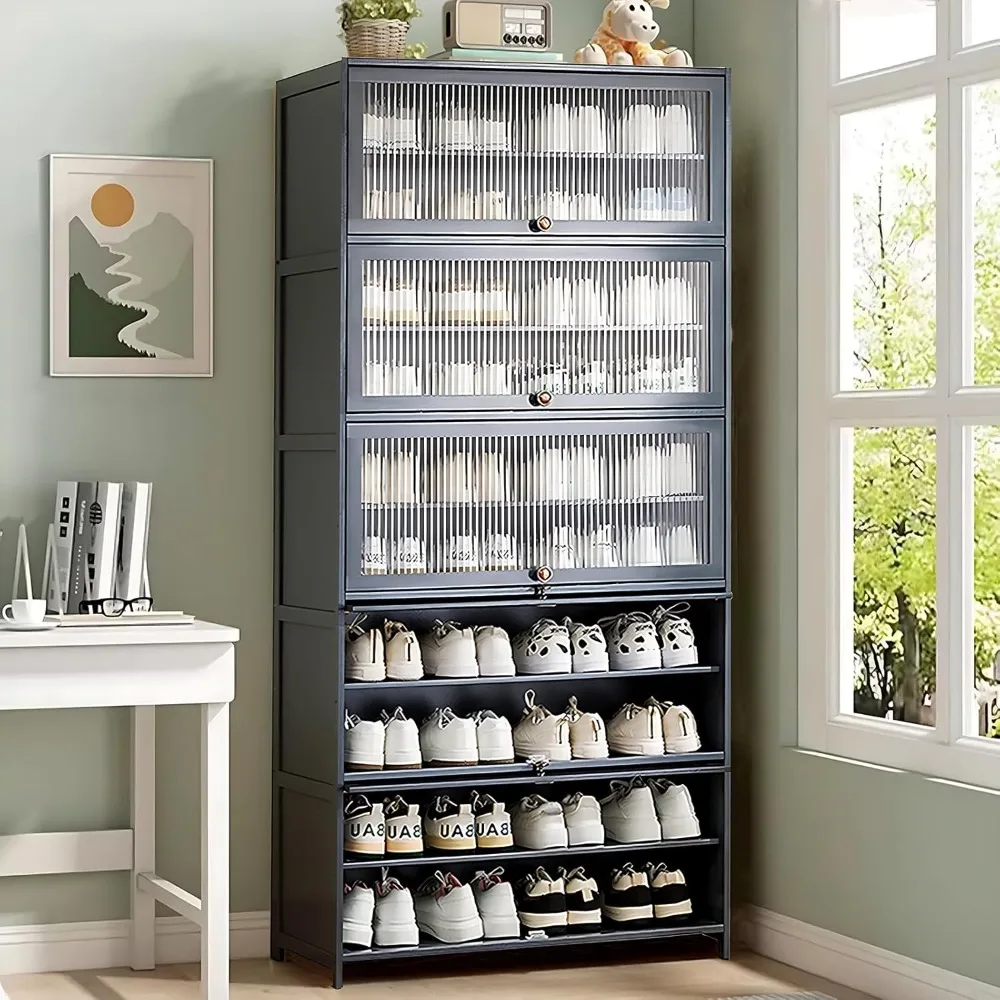 Bamboo Cabinet, Large Shoe Cabinet with Flip Doors, 40-45 Pairs Shoe Storage Cabinet, 10 Tiers Tall Freestanding Shoe Rack
