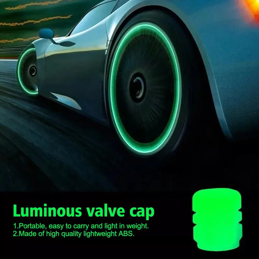 

4PCS Luminous Car Tire Valve Cap Fluorescent Night Caps Glowing Wheel Valve Nozzle Stem Motorcycle Dustproof Tyre Decor Bik I2C2