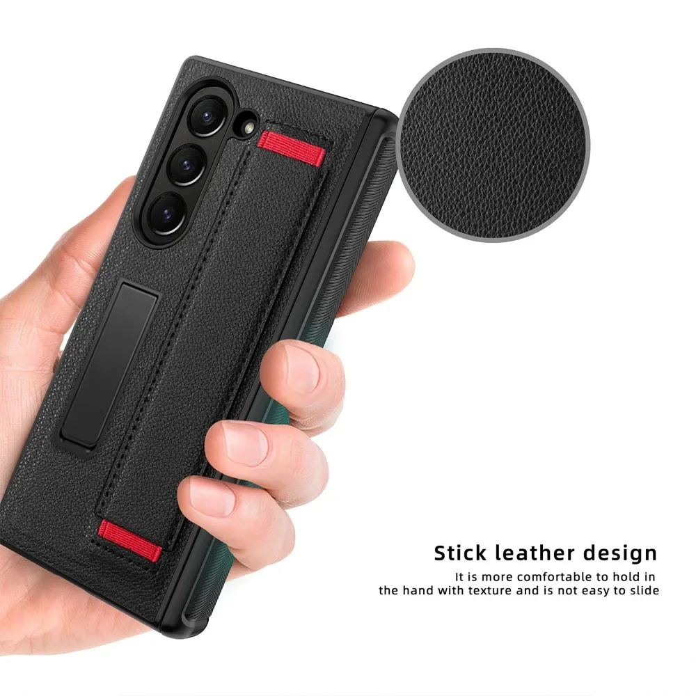 Full Coverage Hinge Protective Kickstand Leather Wristband Phone Case with Screen Protector