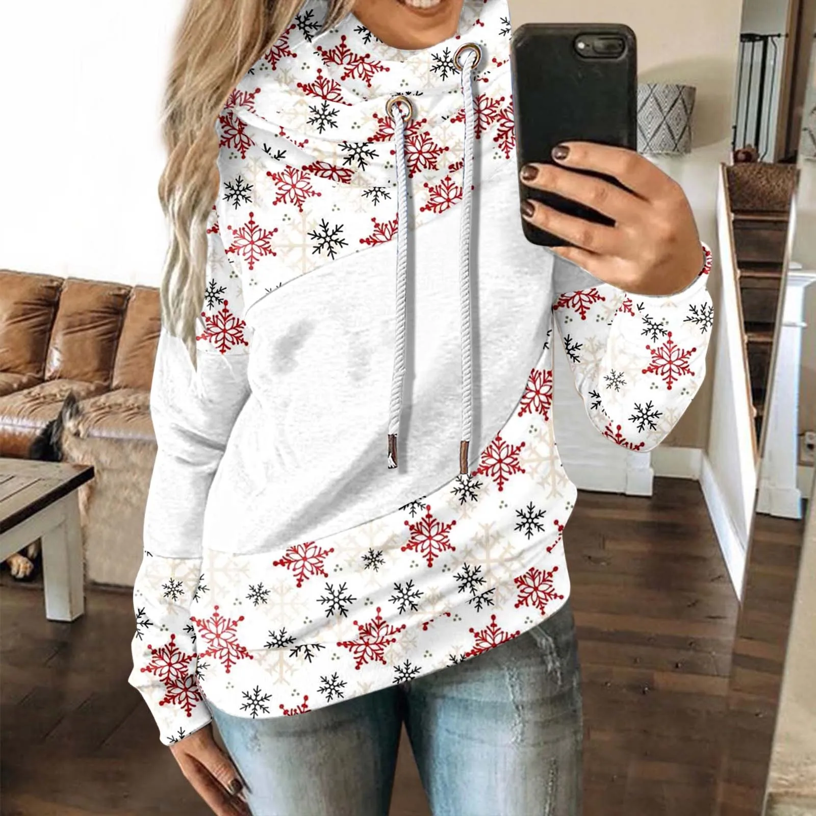 

Christmas Sweatshirts For Women Fun Christmas Snowflake Gnome Print Patchwork Graphic Hoodies For Female Womens Autumn Pullovers