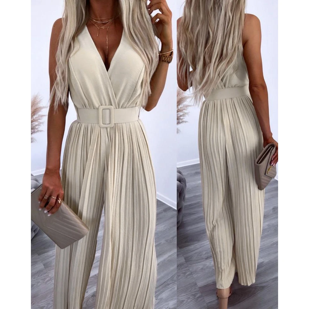 Summer Women V-Neck Wide Leg Pleated Casual Dress Femme Solid Color Sleeveless One-Piece Outfits Lady Daily Jumpsuit