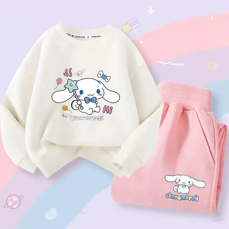 

Детская спортивная одежда Cinnamoroll Kawaii Sanrioed, повседневная одежда для мальчиков и девочек, Весенняя толстовка с капюшоном и брюки, милая Одежда для девочек из 2 предметов