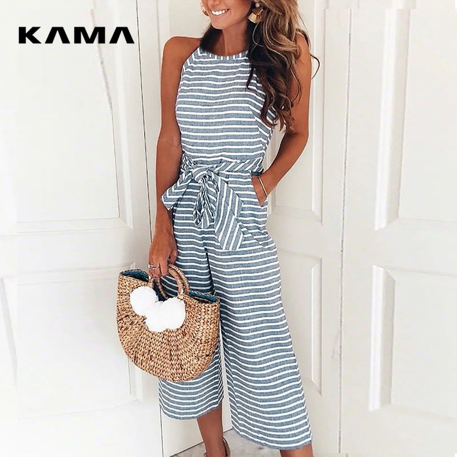 Jumpsuit Lady Outfit Elegant Women Sleeveless Jumpsuits Sexy Halterneck Long Rompers Wide Leg Pants Fashion Stripped Bodysuit
