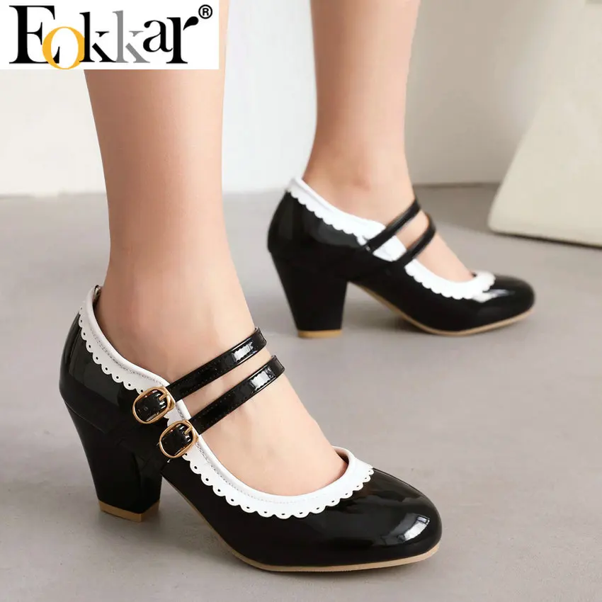 

Eokkar Wingtip Mary Janes Patent Leather Chunky High Heel Pumps Shoes for Women Double Buckle Block Heel Vintage Oxford Pumps