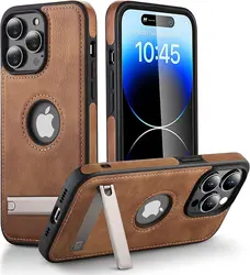 Luxurious PU Leather Phone Case with Kickstand and Soft Grip Back Cover - iPhone 14 (Brown Case)