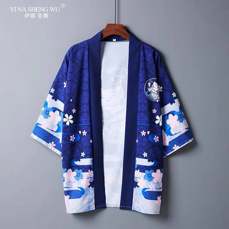 Kimono Cardigan Male Yukata Cat Print Chinese Style Japanese Samurai Coat Haori Traditional Cosplay Tops Clothes Summer