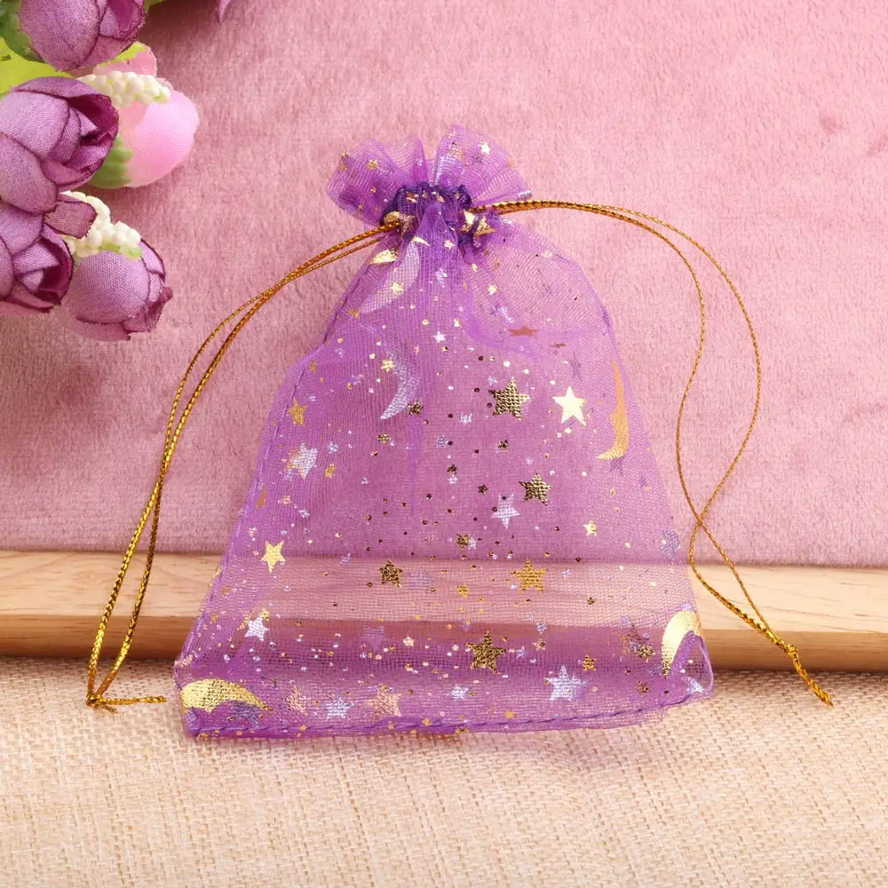 25/50pcs 7x9/9x12/10x15/13x18cm Star Moon Organza Gift Bags Mini Sachet Gold Color Drawstring Bag Jewelry Packaging Pouches 3