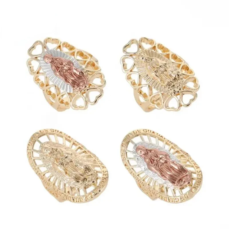 Fortuna Ultimo Design Moda Gioielli Religiosi Anello Oro Laminado Placcato Oro 14K Virgen Guadalupe Anello Tricolore Festa Regalo Donna
