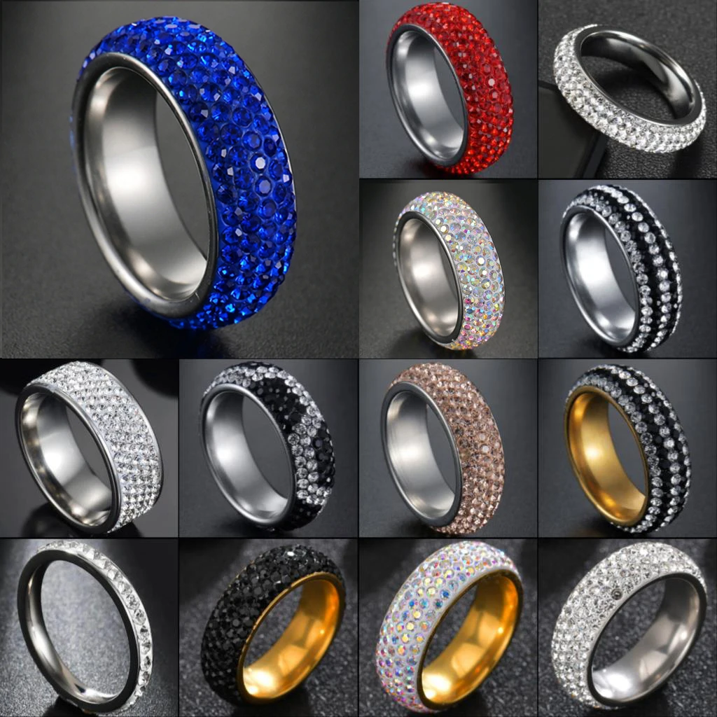 316L Stainless Steel Rings for Women Full Size 5 Row Clear Red Blue Black Crystal Engagement Wedding Ring Jewelry wedding rings finger rings engagement rings crystal rings stainless steel rings