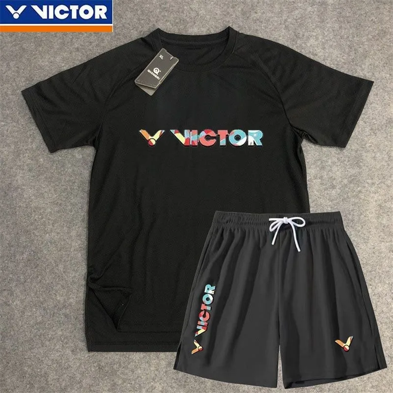 Victor New Men's and Women's Same Badminton Set, Simple Printed Short-sleeved Top with Shorts Set