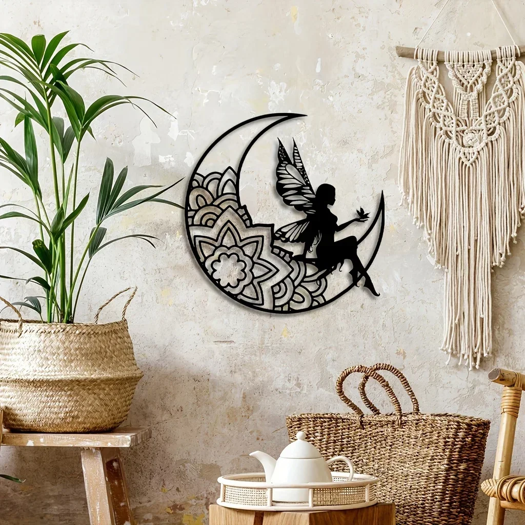 

HELLOYOUNG Moon Fairy Metal Wall Hanging Signs Plaque Fairy Metal Art 3D Hollow Metal Silhouette Room Outdoor Home Decor Funny