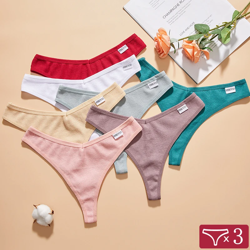 Women Panties FINETOO 3Pcs/Set Women Panties Sexy Waffle Plaid Cotton Low Waist G-String Underwear Female Soft Thongs Lingerie
