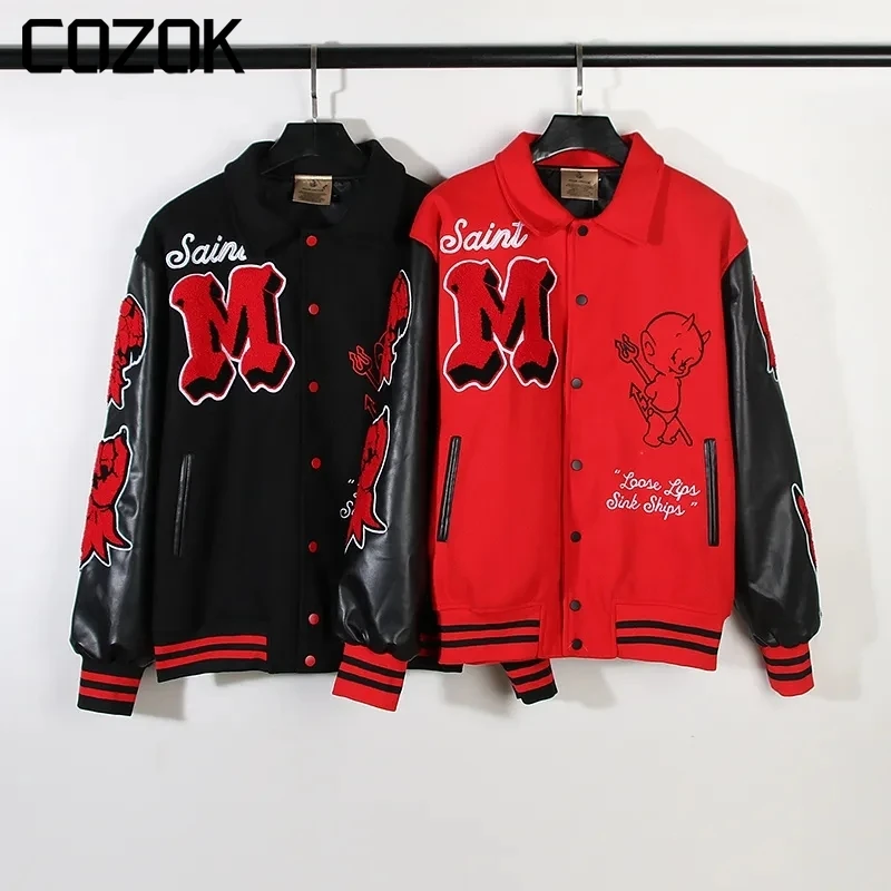 

High Street Leather Sleeve Baseball Jacket Coat Men Women High Quality Demon Embroidery Coat Oversize Baseball Uniform Top