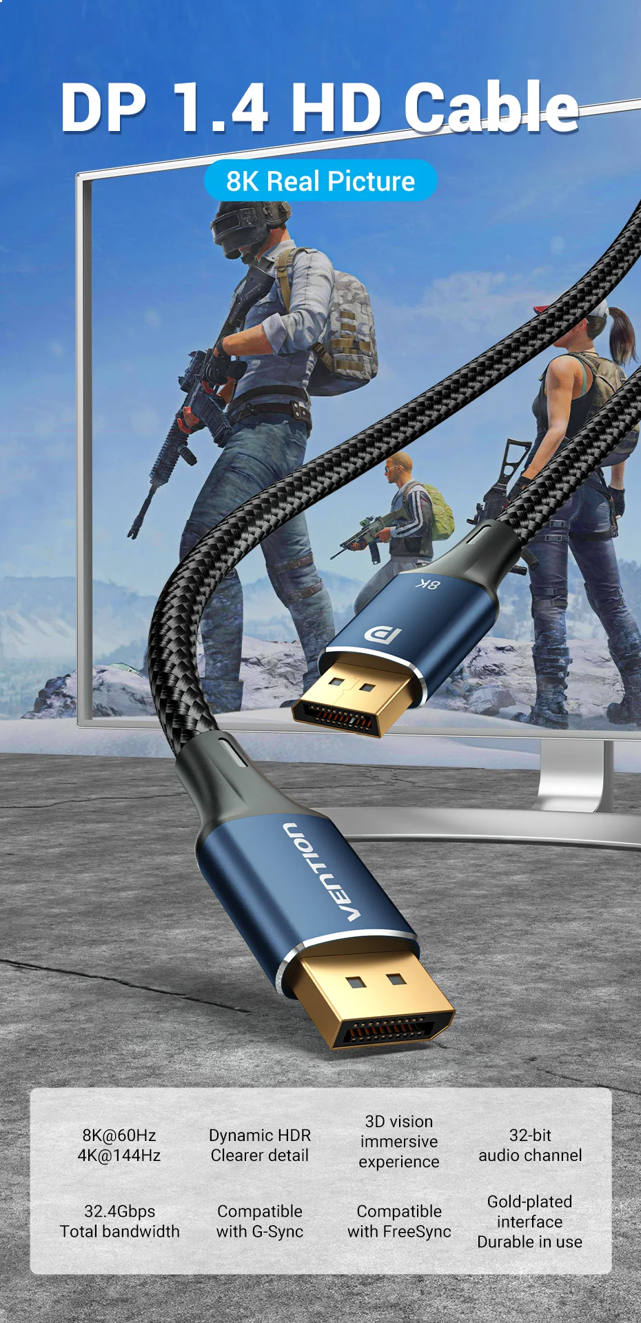 8K DisplayPort 1.4 Cable for TV 4K144Hz 32.4Gbps HDR DisplayPort to DP for PC Co