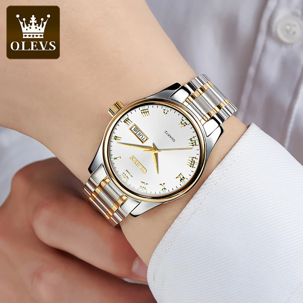 OLEVS Original Quartz Watch for Men Luxury Stainless Steel Men's Watches Waterproof Luminous Leather Strap Date Week Wristwatch