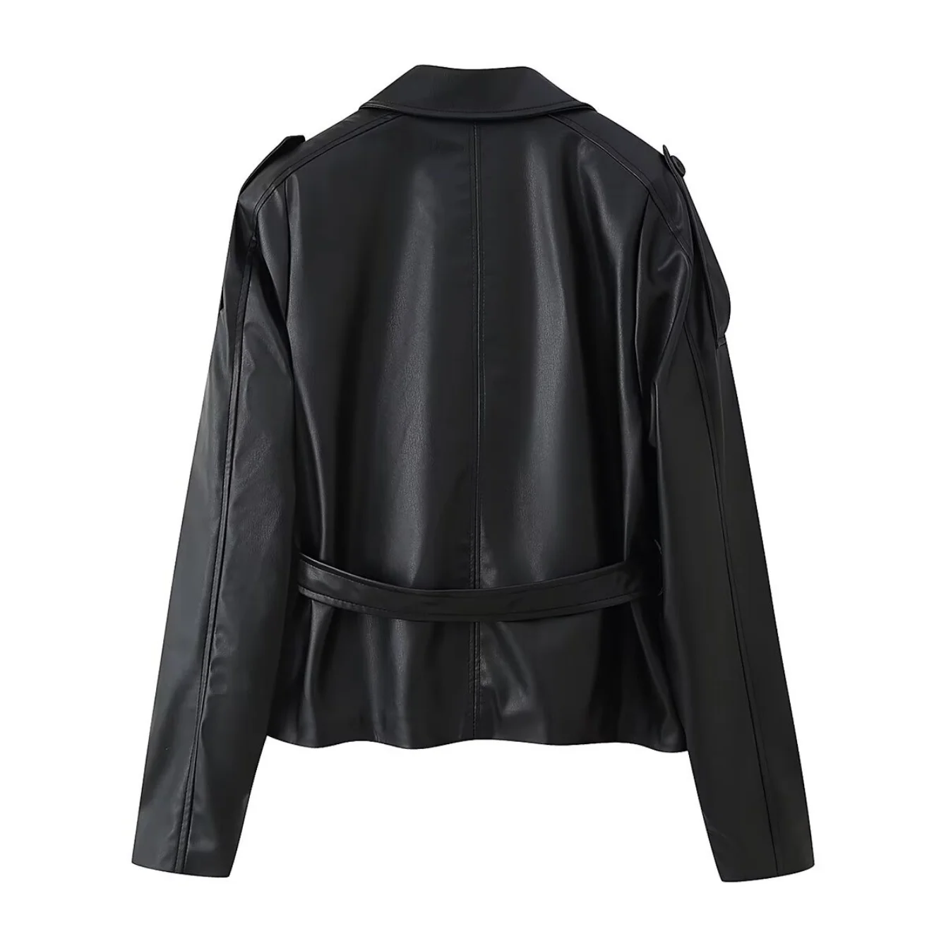 Woman Autumn Faux leather Jacket Solid Turn-Down Collar Long Sleeves Pocket Belt Single-Breasted Female Streetweer Style Coat
