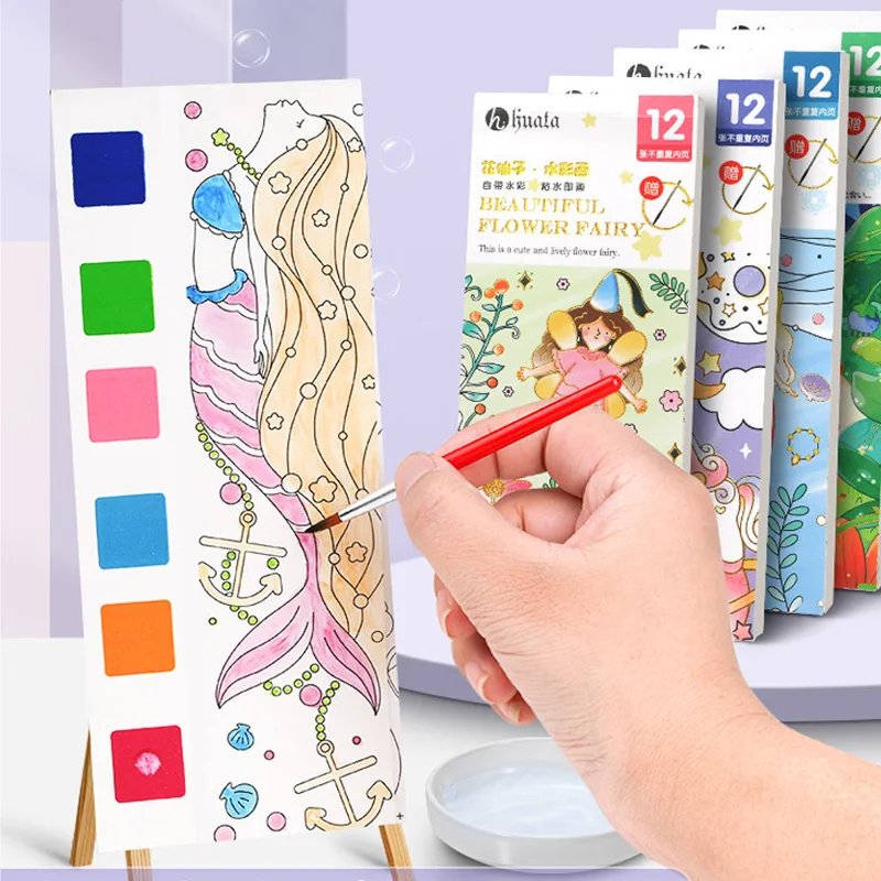 Kids Portable Watercolor Painting Book 12 Sheets Gouache Graffiti Picture 1 Pen Coloring Water Drawing Books Set Kids Toys Gifts watercolor painting book
