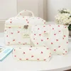 3 PCS/Set Women Quilted Makeup Bag Cherry Pattern Cosmetic Handbag with Clutch Bag & Pen Case Large Capacity Travel Storage Bags 1