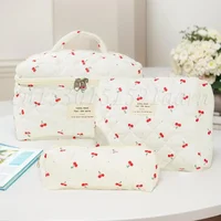 3 PCS/Set Women Quilted Makeup Bag Cherry Pattern Cosmetic Handbag with Clutch Bag & Pen Case Large Capacity Travel Storage Bags 1