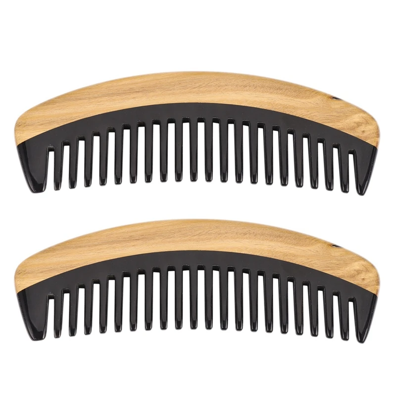 

2X Hair Comb - Wide Tooth Wooden Detangling Comb For Curly Hair - No Static Sandalwood Buffalo Horn Comb