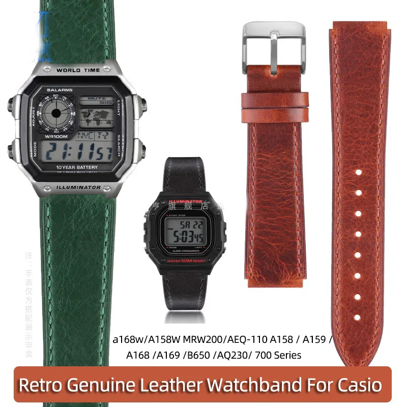 Cinturino In Vera Pelle Retrò Da 18Mm Per Casio A168W/A158W Mrw200/Aeq-110 A158 / A159 / A168 /A169 /B650 /Aq230/ 700 Series