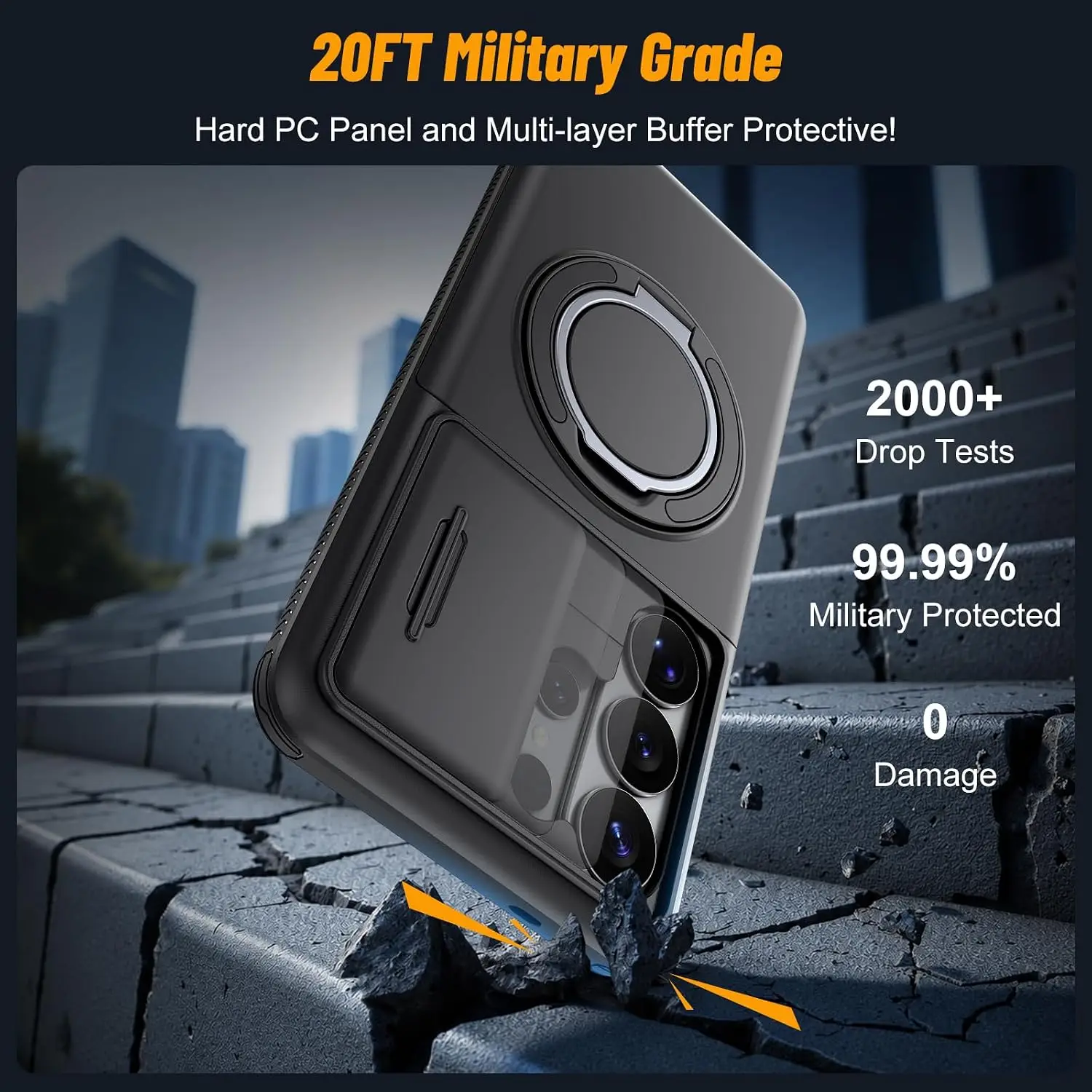 Enhanced Shockproof Protective Case with Slide Camera Cover, Rotating Ring Kickstand, and Card Holder