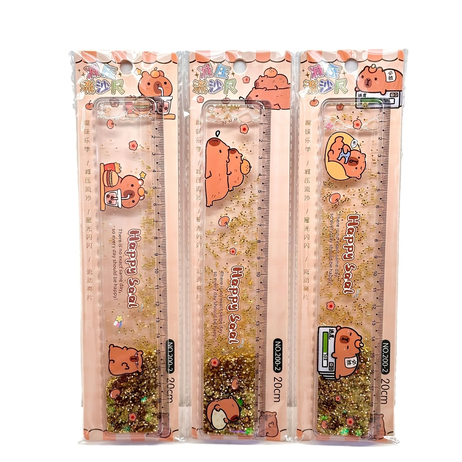 무작위 스타일의 카피바라 모양 액체 모래 자 3종 세트, 고급 아크릴 액체 모래 글리터 자, 사무실, 가정, 학습용 귀엽고 실용적인 문구류, 졸업 시즌 및 개학 시즌을 위한 귀여운 스타일