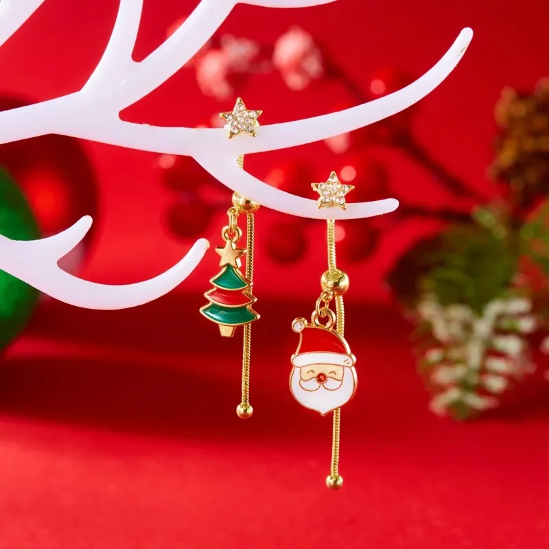 Sweet Christmas Sliding Earrings Santa Claus Snowflake Tree Snowman Bell  Asymmetric Dangle Earring Jewelry for Women