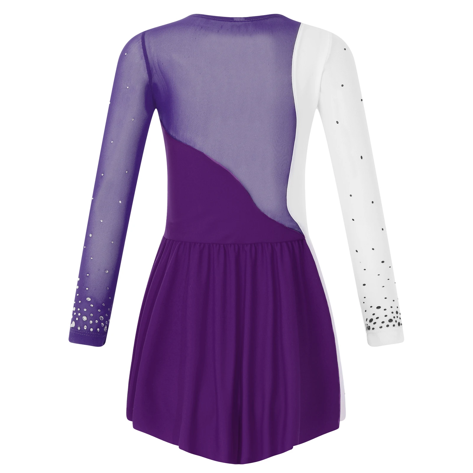 Girls Sparkling Rhinestone Figure Skating and Dance Dress with Sheer Mesh Sleeves