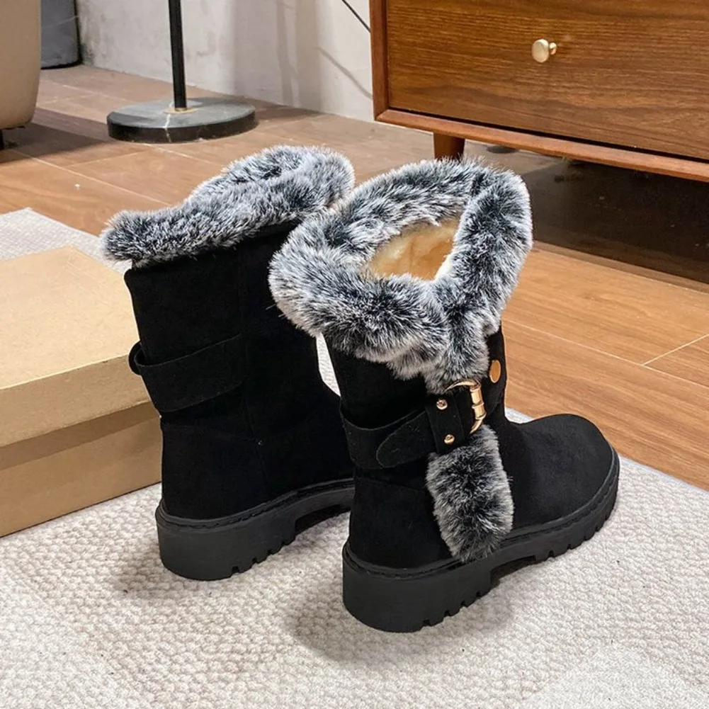 Luxury Women Mid-Calf Boots Outdoor Ankle Boots Round Toe Wedges Slip on Shoes Female Fashion Comfortable Warm Snow Boots Women