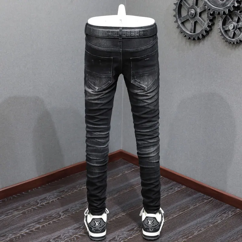 High Street Fashion Men Jeans Retro Black Gray Stretch Skinny Fit Ripped Jeans Men Patched Designer Hip Hop Brand Pants Hombre