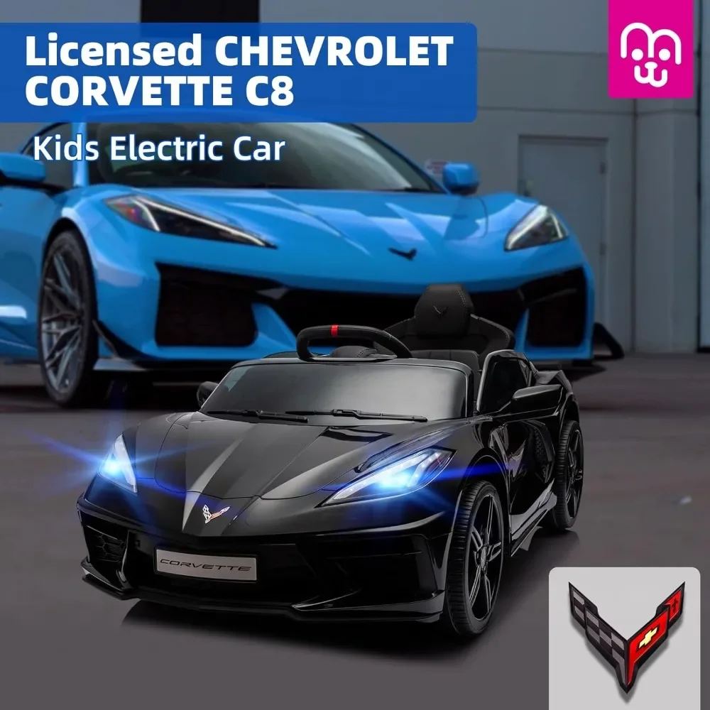 Electric Car for Kids 12V Licensed Chevrolet C8 Ride On Car Remote Control Bluetooth Music 4 Shock Battery Powered Roadster