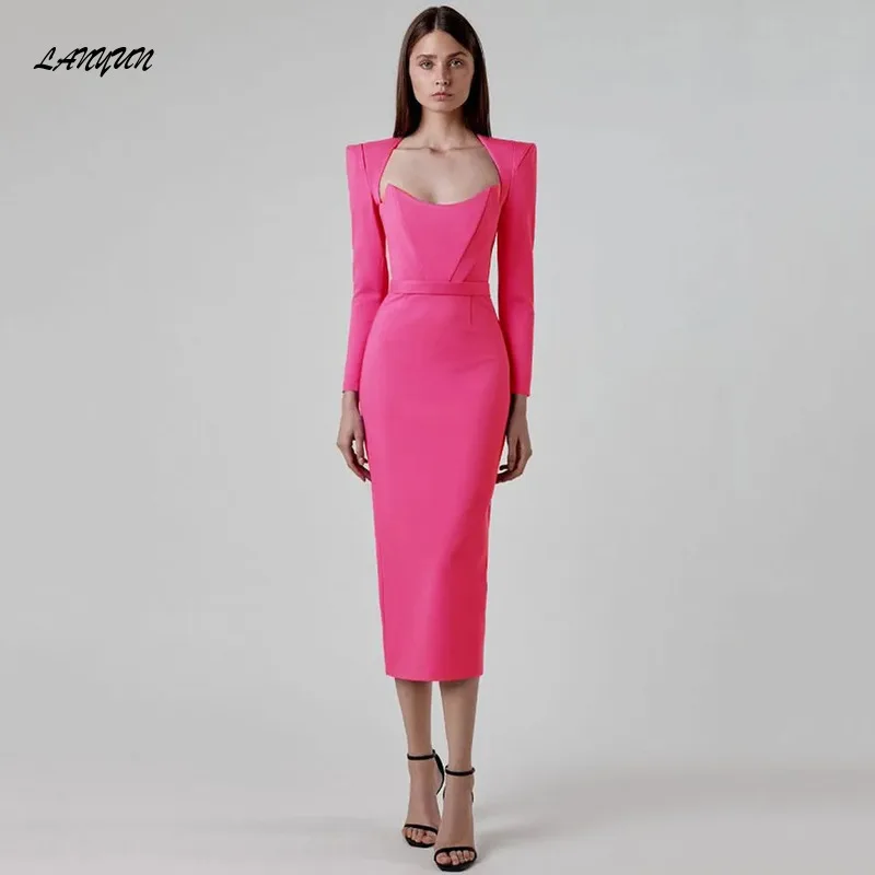 LANMU New Sexy Long Sleeve Bandage Dress Bodycon Vestidos De Fiesta Elegantes Para Boda Largo Evening Party Women Prom Dresses