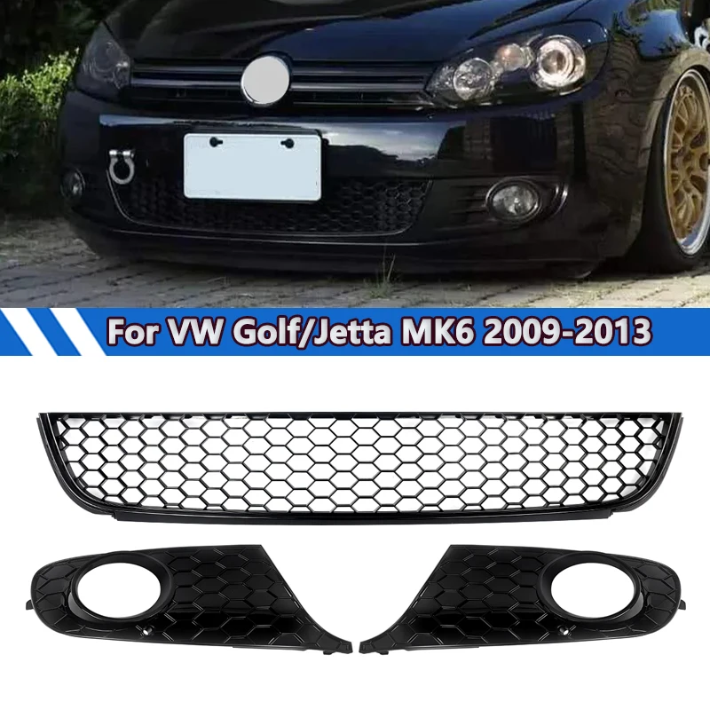 Car Grill Mesh Front Lower Grille & Fog Light Grills Assembly VW Jetta Golf MK6 2009-2013 Black Air Inlet Mesh Grills Body Kit