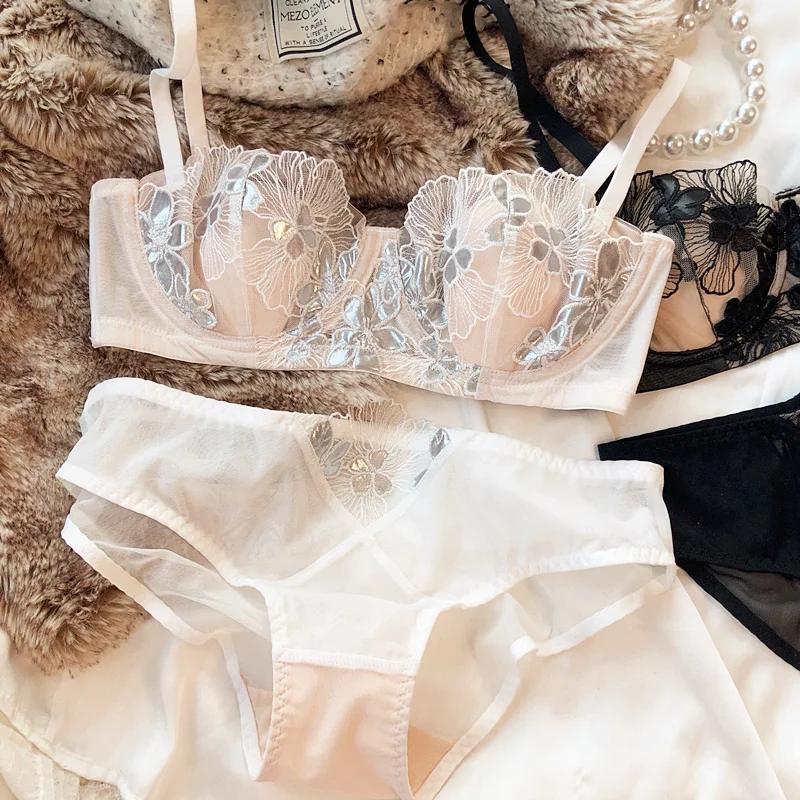 French Lace Flowers Embroidery Underwear Set for Women Sexy Mesh Breathable Push Up Bra Set 1/2 Thin Cup Brassiere Lingerie