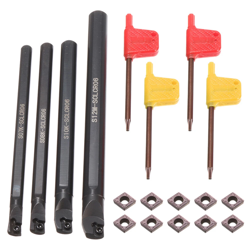 CNC Cutting Tool Holder 4 Set of 7/8/10/12mm SCLCR Lathe Boring Bar Turning Tool Holder +10Pcs CCMT 0602 Inserts Blades