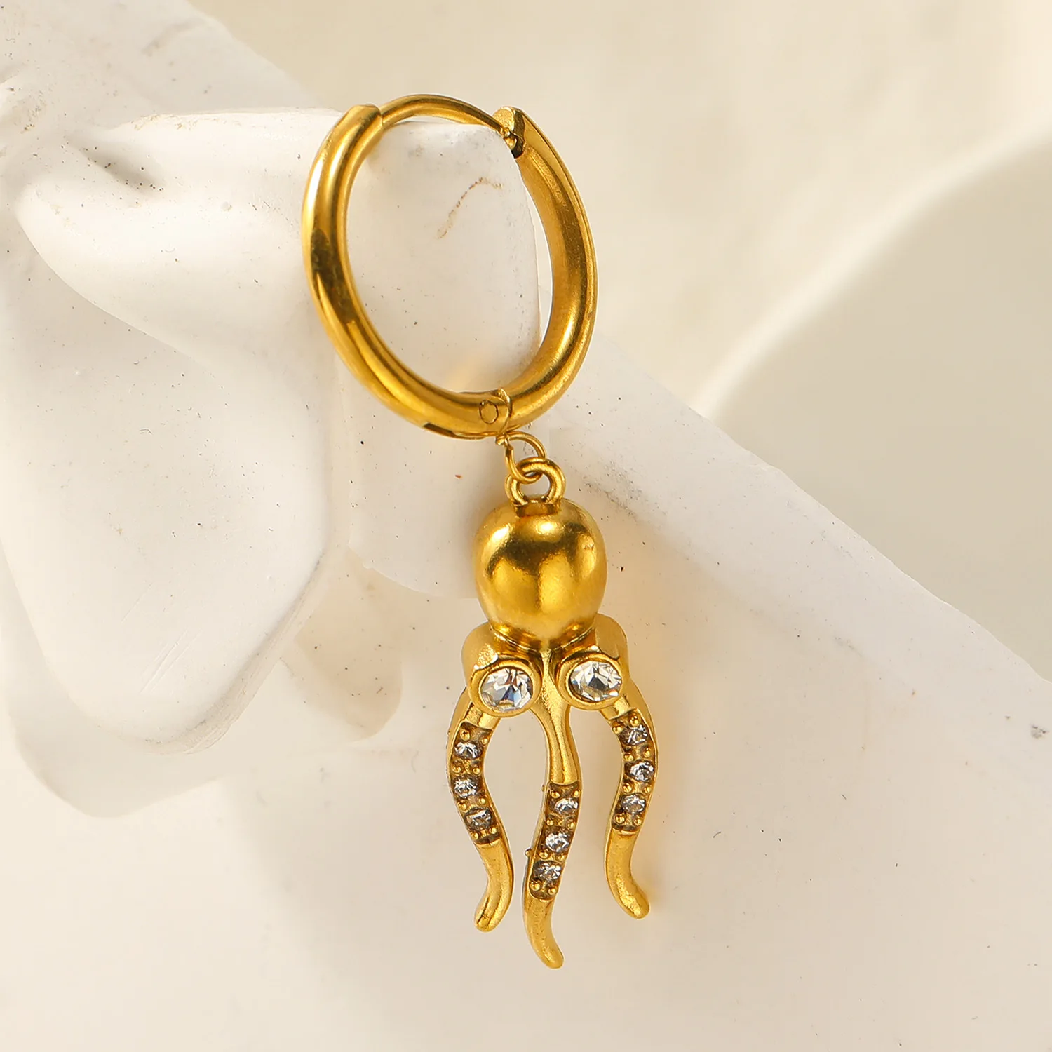 1PCS Stainless Steel Gold Plated Octopus Pendant Earrings Ocean Series Sparkling CZ Zircon Hoop Earring Ear Huggie Punk Jewelry