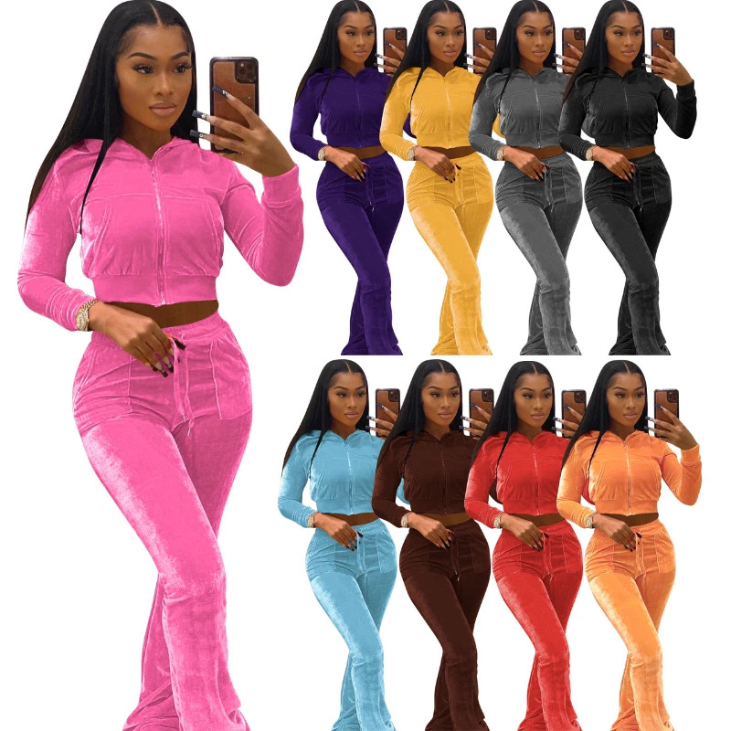 Velvet Tracksuit Women Two Piece Set 2023 Autumn Solid Color Zipper Pocket Short Hoodie Wide Leg Pants Casual Outfits Streetwear