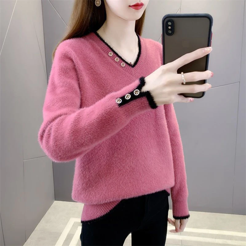 Autumn Winter v-neck  pullovers fake-mink cashmere womens elegant slim trendy all-match  casual sweaters HT6 christmas sweatshirt