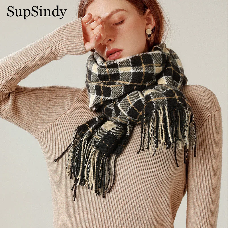 

SupSindy Winter Women Plaid Scarf With Tassel Thick Warm Cashmere Shawl Wrap Soft Pashmina Scarves For Women Cloak Poncho Female